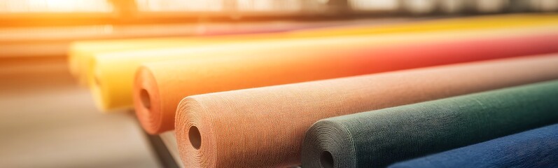 Aufkleber - A vibrant array of colorful wooden dowels arranged neatly, showcasing rich textures and hues, illuminated by warm sunlight.