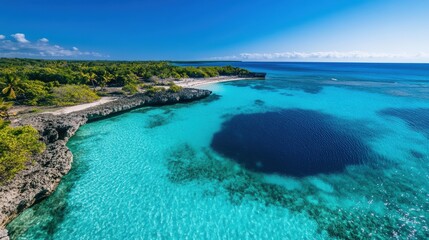 Wall Mural - Crystal clear ocean waters with coral reefs from a bird eye view