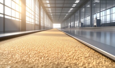Poster - A modern, spacious corridor with a textured floor, illuminated by large windows, leading towards a bright, open space in the distance.