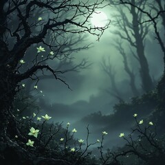 Wall Mural - a haunting gothic dark fantasy background, bordered by intricate, dry, twisting branches covered in 