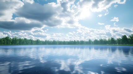 Poster - A serene landscape featuring a tranquil lake, surrounded by lush greenery and a sky filled with fluffy clouds reflecting on the water's surface.