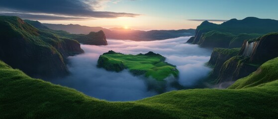 Wall Mural - High-angle view of a mist-covered valley at sunrise