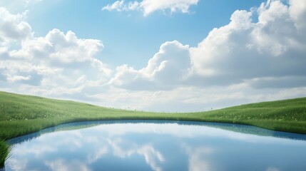 Poster - A serene landscape features a calm pond reflecting fluffy clouds and vibrant green hills under a clear blue sky.
