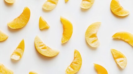 Wall Mural - Scattered Slices of Bright Yellow Citrus Fruit on a Clean White Background