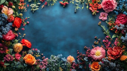 Wall Mural - Vibrant flowers arranged artistically on a deep blue background for a creative display