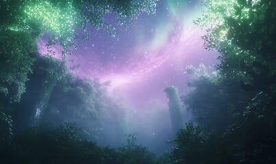 Aufkleber - A mystical forest scene with vibrant hues and a starry sky, creating an enchanting atmosphere filled with wonder.