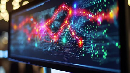 Wall Mural - complex data visualization with colorful particles flowing across computer screen, creating a futuri
