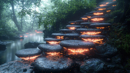 Wall Mural - Glowing stone path across misty forest river at night