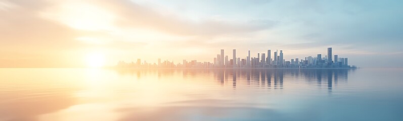Aufkleber - A tranquil city skyline at sunrise, reflecting on calm waters, creating a serene and picturesque atmosphere.