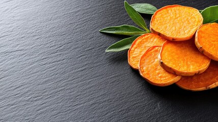 Wall Mural - Sliced sweet potatoes with green leaves on slate background