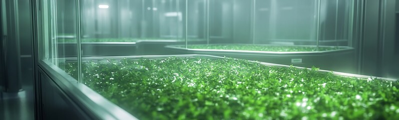 Aufkleber - A serene, modern greenhouse filled with vibrant green plants, illuminated by soft light, creating a tranquil and futuristic atmosphere.