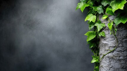 Green ivy climbing tree trunk against dark background