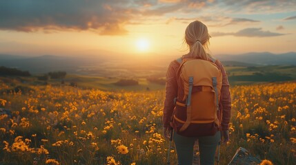 Poster - Wanderer admires golden sunset over a vibrant flower field in early evening light