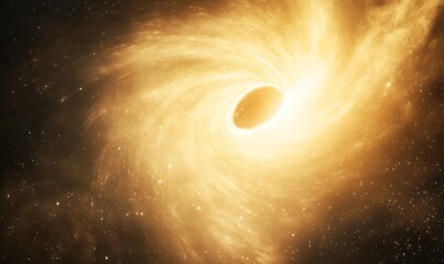 Poster - A vibrant depiction of a swirling galaxy, radiating golden light around a central black hole, highlighting cosmic beauty and mystery.