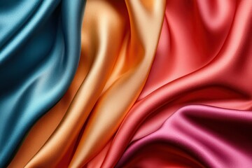 Leinwandbilder - Vibrant satin fabric drapes showcasing a blend of blue, orange, and pink hues in a smooth, luxurious arrangement