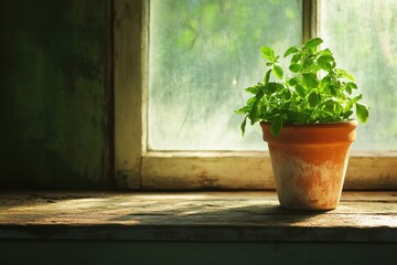 Aufkleber - Sunlight filters through a window onto a potted plant resting on a wooden sill in a serene indoor setting