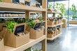© Nakorn - Eco-friendly packaging displayed on store shelves with soft light filtering through windows eye-level perspective realistic environment