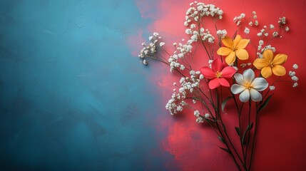 Wall Mural - Colorful flowers arranged on a vibrant blue and red background for artistic display