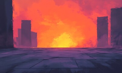 Poster - A vibrant, fiery sunset illuminates a desolate urban landscape, casting shadows from silhouetted buildings against a dramatic sky.