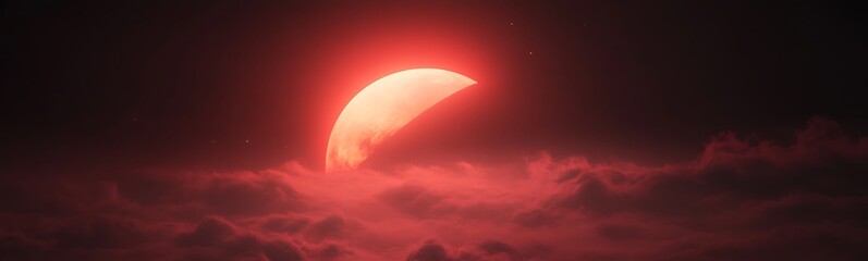 Poster - A glowing red crescent moon partially emerges from dark clouds, creating a mystical atmosphere against the night sky.