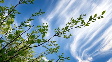Wall Mural - vibrant green leaves against vivid blue sky with wispy clouds