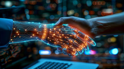 Wall Mural - futuristic connection: human and robot handshake with glowing circuit patterns on a high-tech backgr