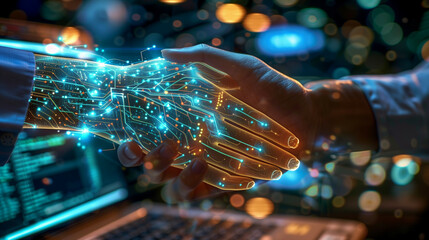 Wall Mural - futuristic digital handshake with circuit patterns and vibrant bokeh background representing modern 
