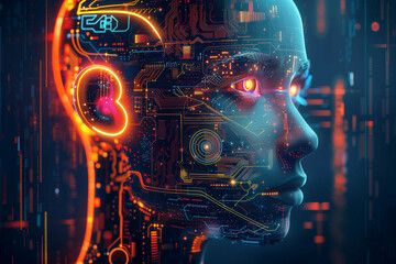 Wall Mural - futuristic portrait of a cyborg with detailed circuitry and luminous elements in a dynamic technolog