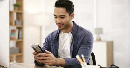 Poster - Typing, businessman at desk with phone and smile for email, research and social media post for business. Networking, digital marketing and happy man in office reading cellphone chat with mobile app.