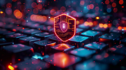 Wall Mural - a digital rendering of a futuristic shield with cybersecurity elements on a backlit keyboard