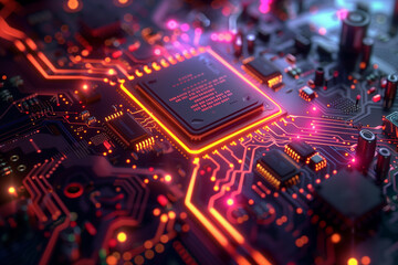 Wall Mural - a highly detailed image of a futuristic circuit board with a glowing microchip at its center, featur