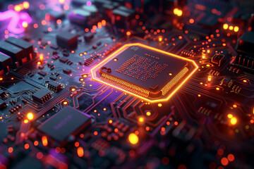 Wall Mural - a highly detailed image of a futuristic circuit board with a glowing microprocessor, illuminated wit