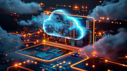 Wall Mural - a futuristic digital representation of cloud computing with glowing blue and orange neon circuits, d