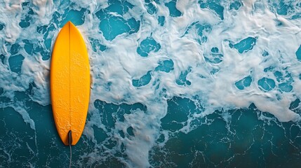 Wall Mural - Bright yellow surfboard resting on vibrant turquoise ocean waves during sunny day