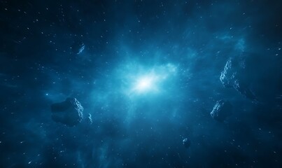 Poster - A vibrant blue cosmic scene filled with swirling gases and distant stars, depicting the beauty and mystery of the universe.