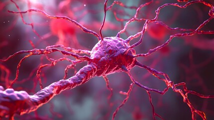 Fototapete - Glowing red and purple microscopic neural network cells with complex synaptic structures representing the intricate communication pathways of the cerebral nervous system  This abstract