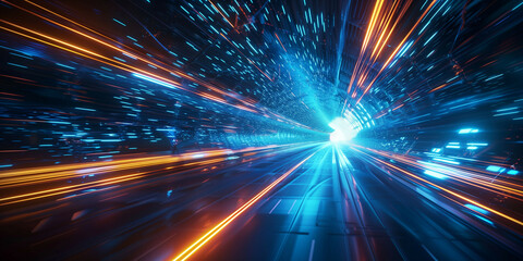 Wall Mural - a high-speed journey through a futuristic digital tunnel illuminated by vibrant blue and orange ligh