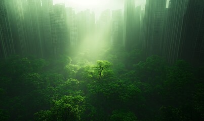 Aufkleber - A misty green landscape with towering buildings, showcasing a lone tree amidst dense foliage, symbolizing nature reclaiming urban space.