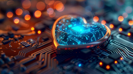 Wall Mural - digital love concept: a heart-shaped object on a circuit board with glowing blue circuits and red bo