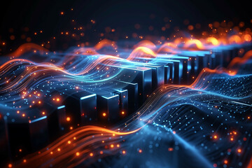 Wall Mural - abstract futuristic background with blue and orange lights on wavy digital terrain illuminated by pa