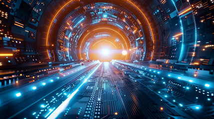 Wall Mural - futuristic technology tunnel with vibrant lights and advanced digital design
