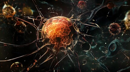 Poster - Intricate microscopic view of an abstract cellular structure or neural network against a futuristic digital backdrop showcasing the complexity and beauty of biological and scientific concepts