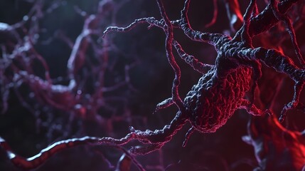 Poster - Intricate neural network patterns in vibrant red and purple hues representing the complex communication and information processing of a futuristic digital system