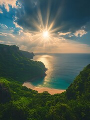 Poster - A stunning coastal view features a sunlit beach surrounded by lush greenery and dramatic clouds, creating a serene atmosphere.
