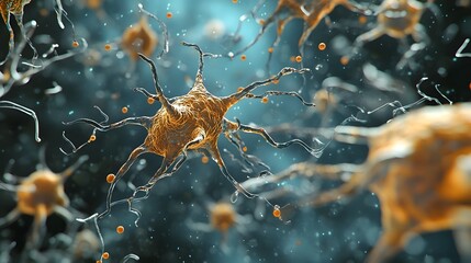 Fototapete - Intricate Neuronal Network with Firing Synaptic Connections in Abstract Microscopic View  Complex neural pathways and neurochemical communication in the brain or nervous system