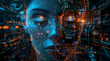 Wall Mural - a highly detailed and futuristic depiction of a digital human face merged with circuitry and electro