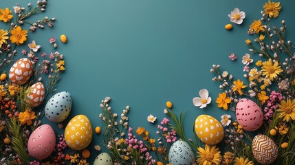 Wall Mural - Colorful Easter eggs arranged with fresh flowers on a teal background for spring celebration