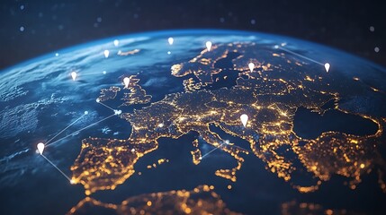 a global map of the earth with white location pin gps tracking, earth from space with global connect