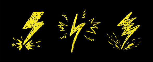 Wall Mural - set of lightning by wax pencil drawing. collection of handdrawing chalk , light flash signs, doodle 