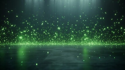 A dark background sprinkled with glowing green particles, creating a magical, ethereal atmosphere.